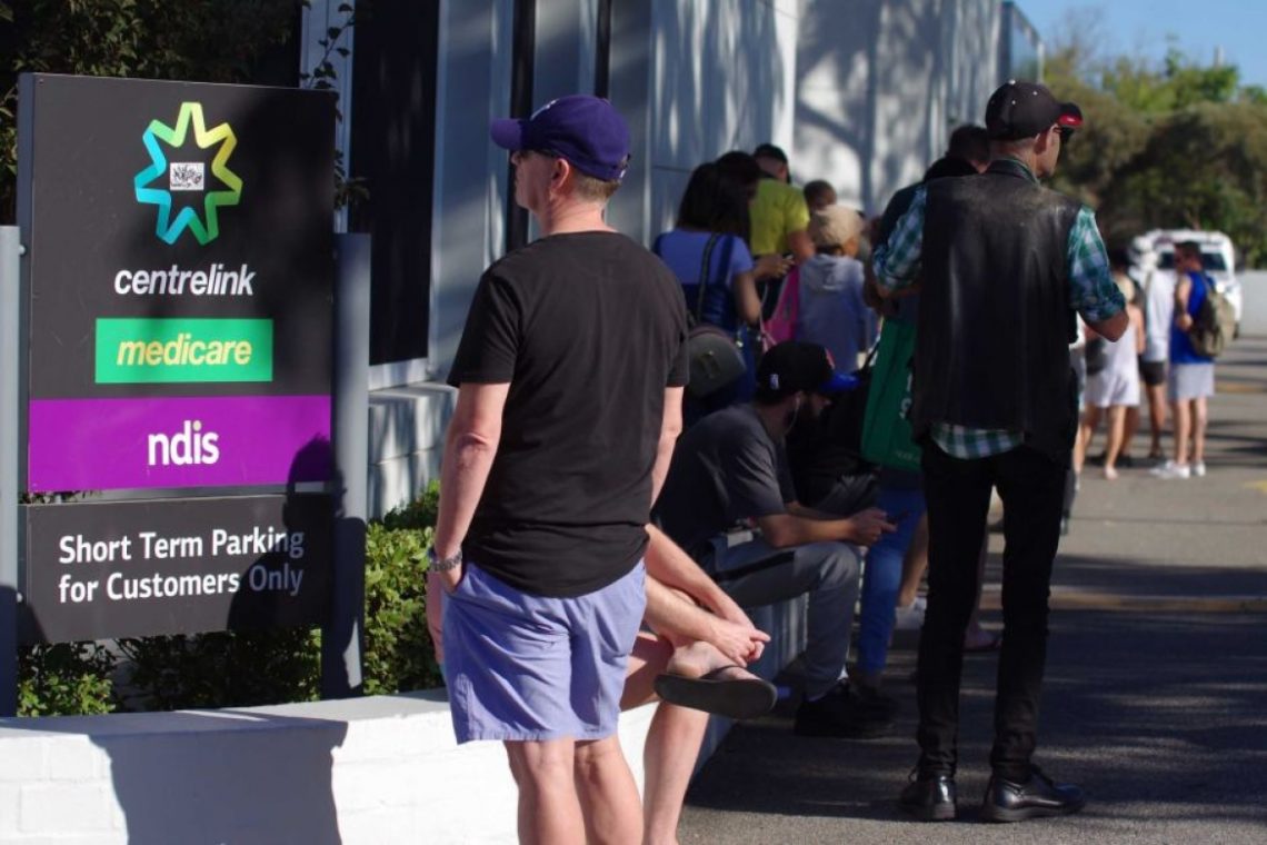 Queues at Centrelink after the clousre of non-essential businesses in response to the COVID-19 pandemic.